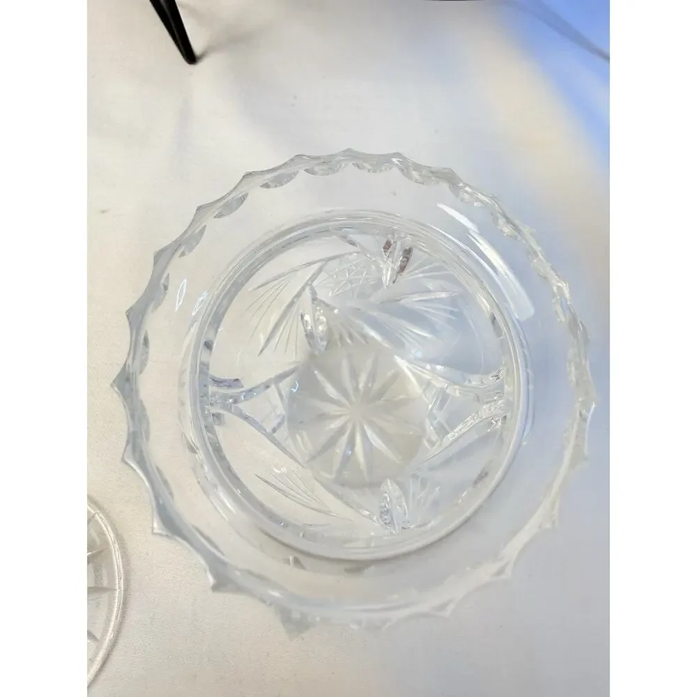 Vtg Cut Crystal Jam, Honey Jar W/ Glass Spoon Scalloped Lid